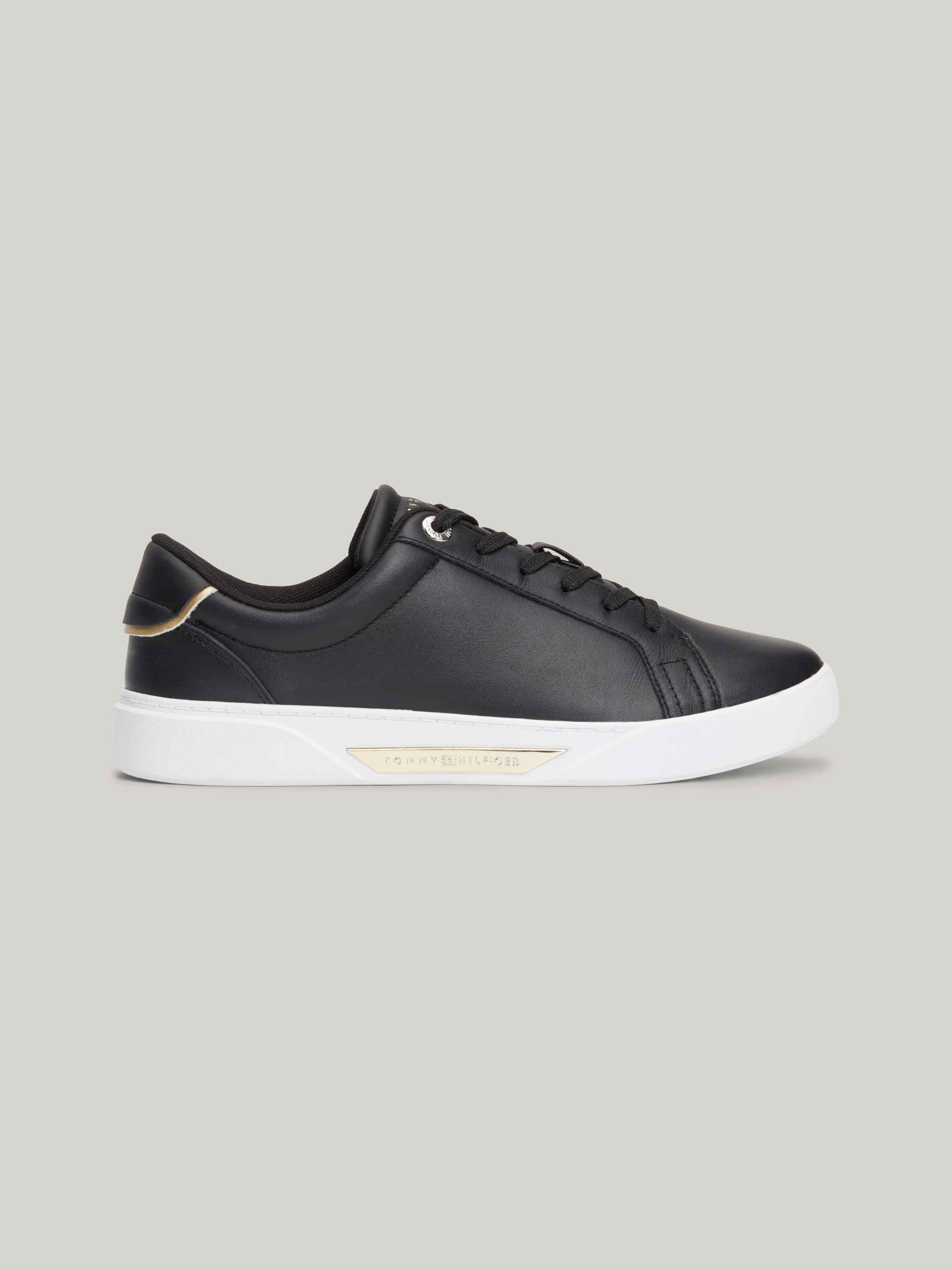 Metallic Trim Leather Court Trainers