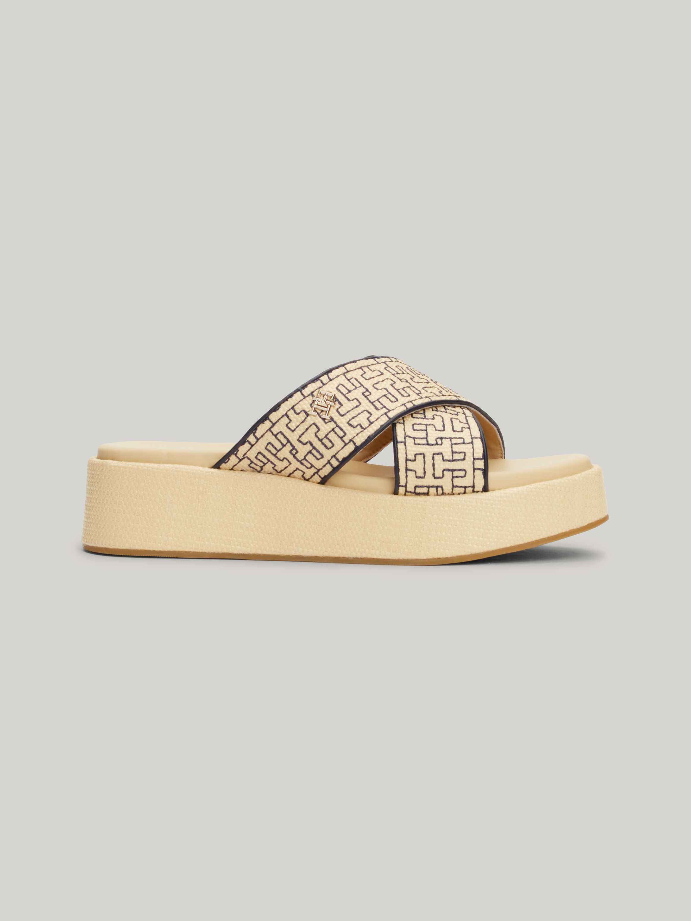 TH Monogram Rafia Wedge Flatform Sandals