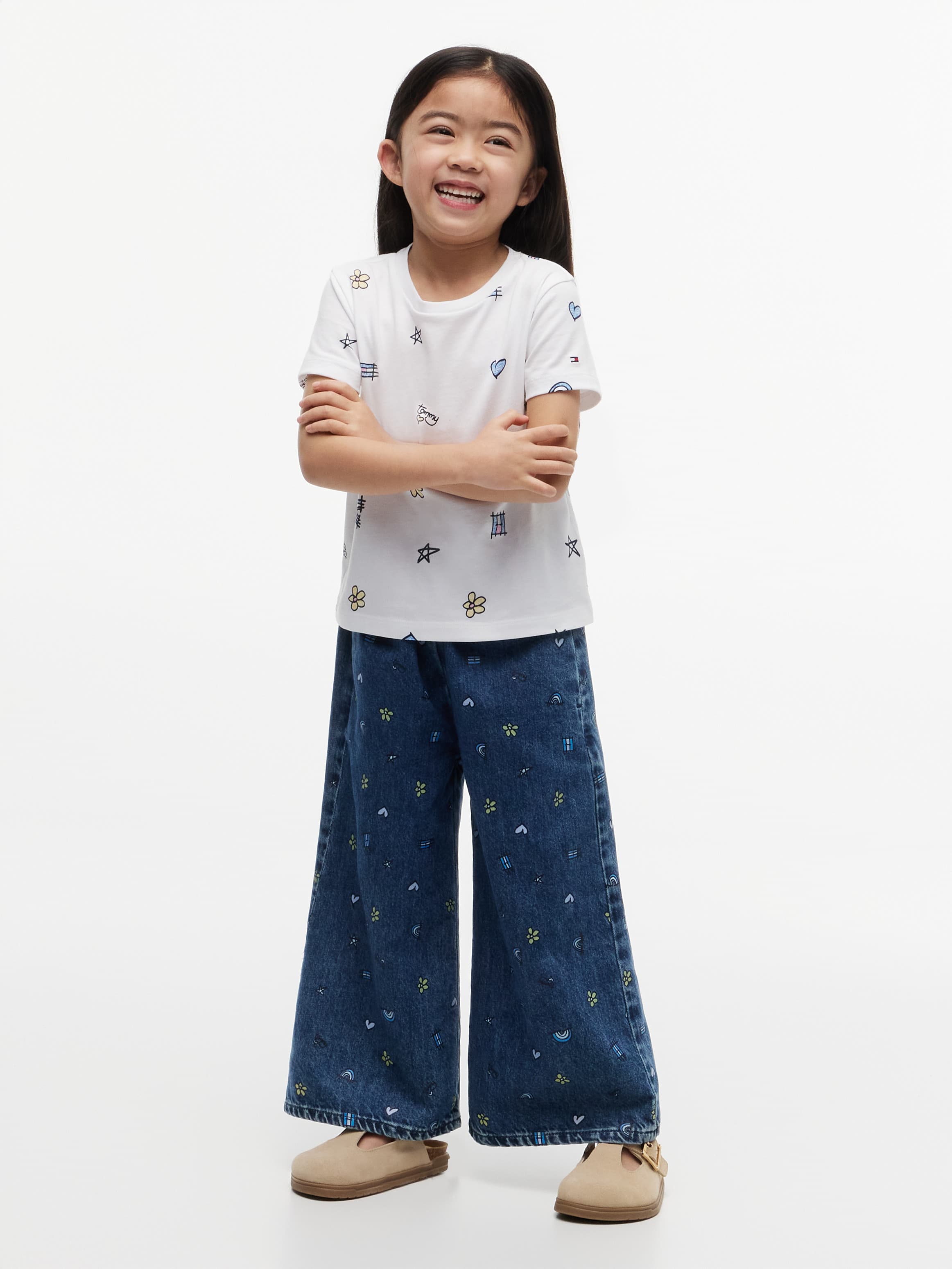 Doodle Print Denim Wide Leg Culottes