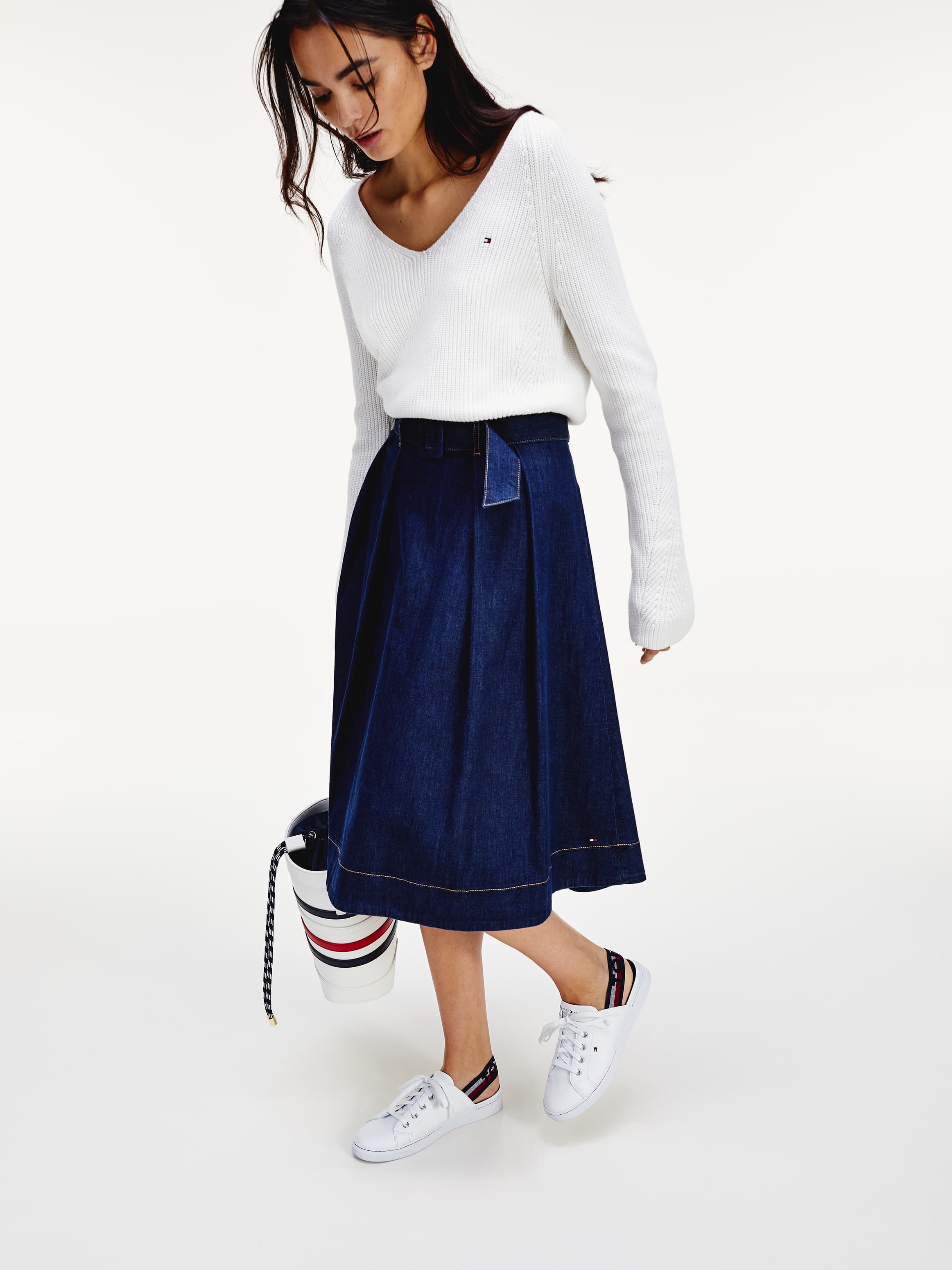 Pleated Midi Denim Skirt