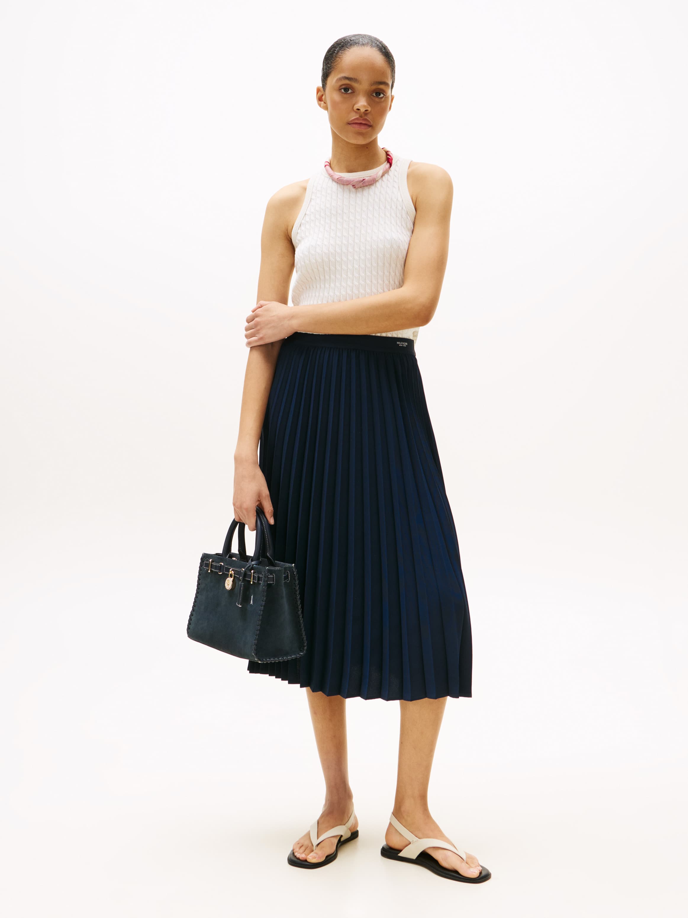 Logo Waistband Pleated Midi Skirt