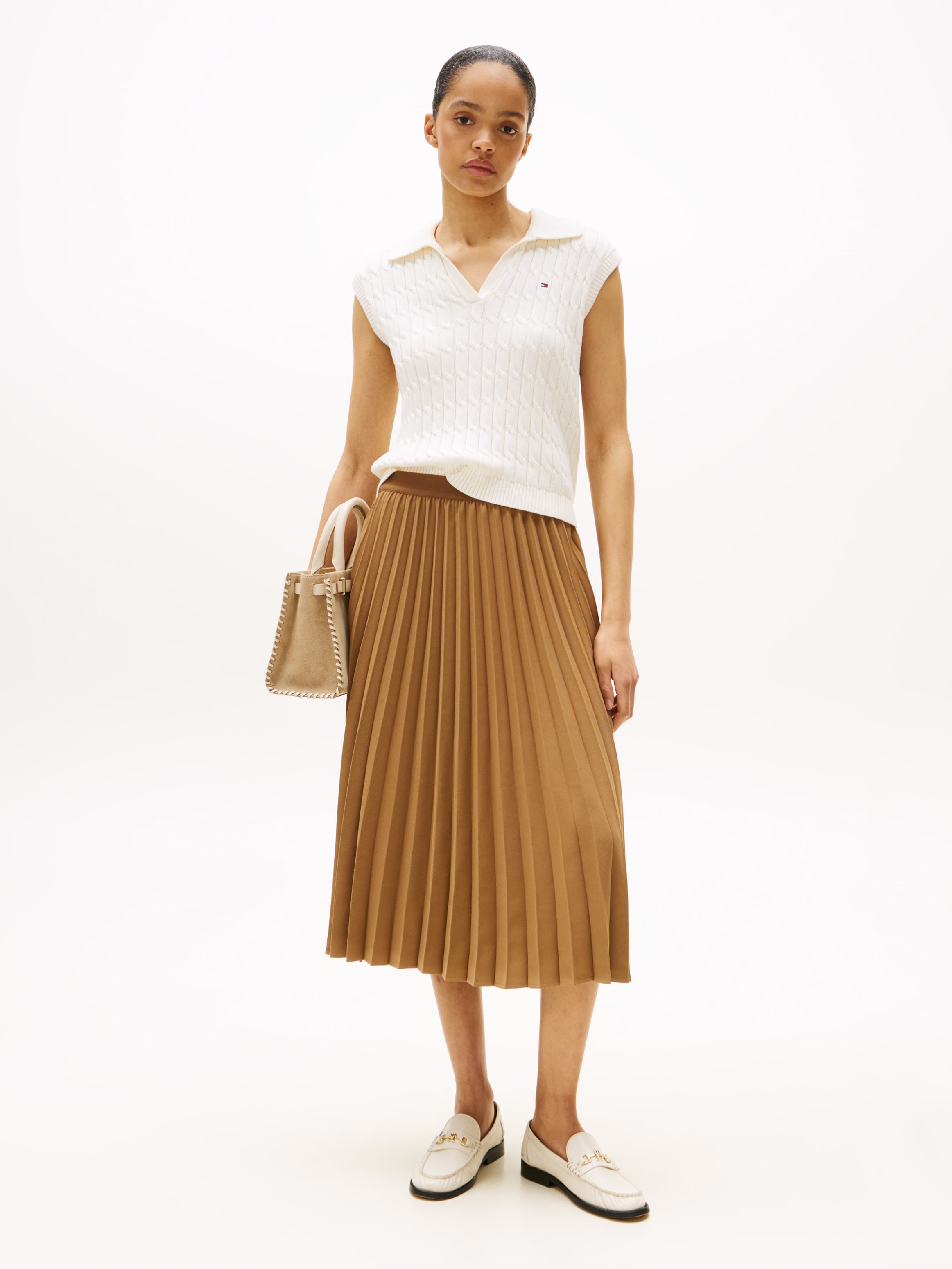 Logo Waistband Pleated Midi Skirt