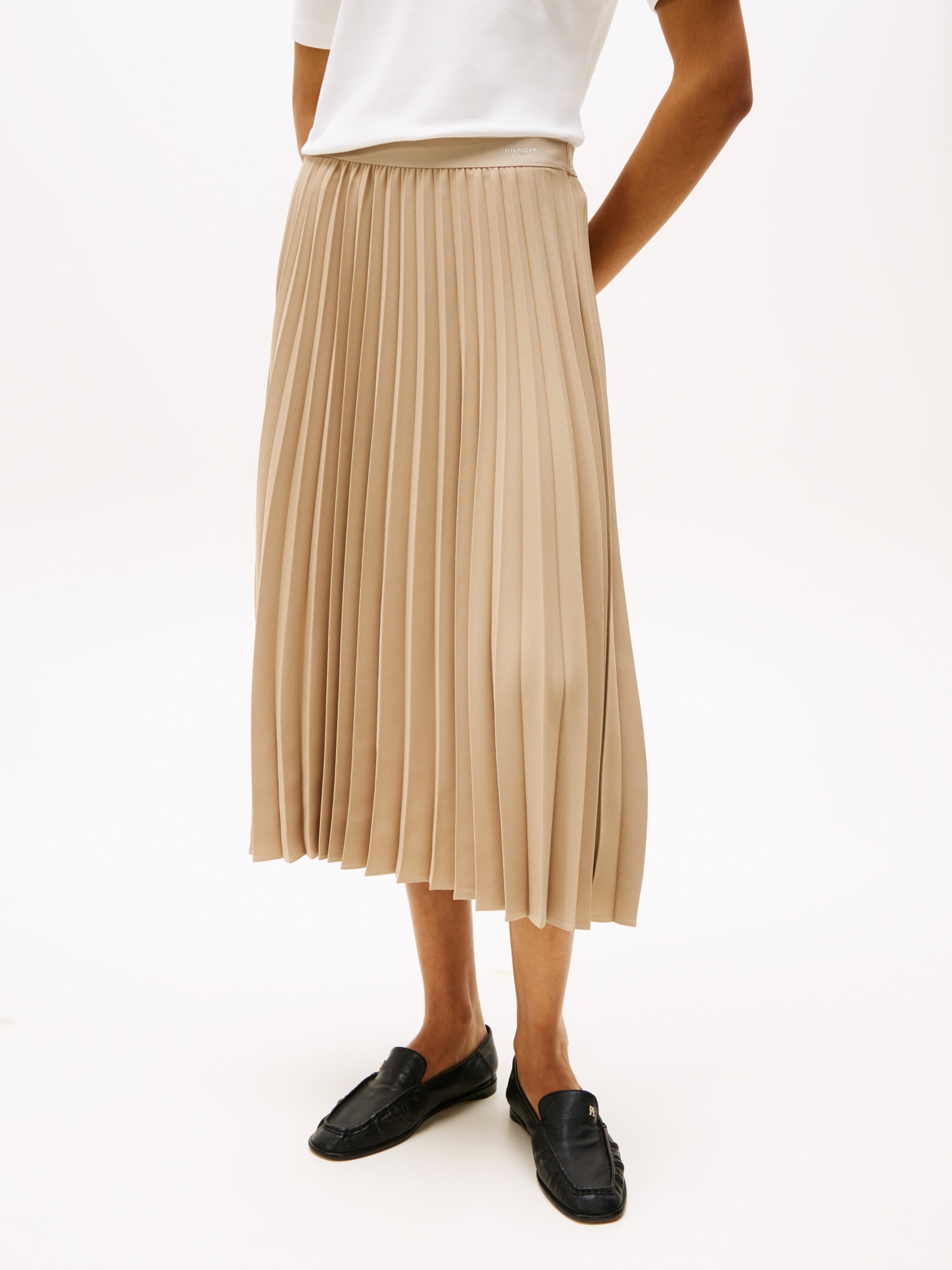 Logo Waistband Pleated Midi Skirt