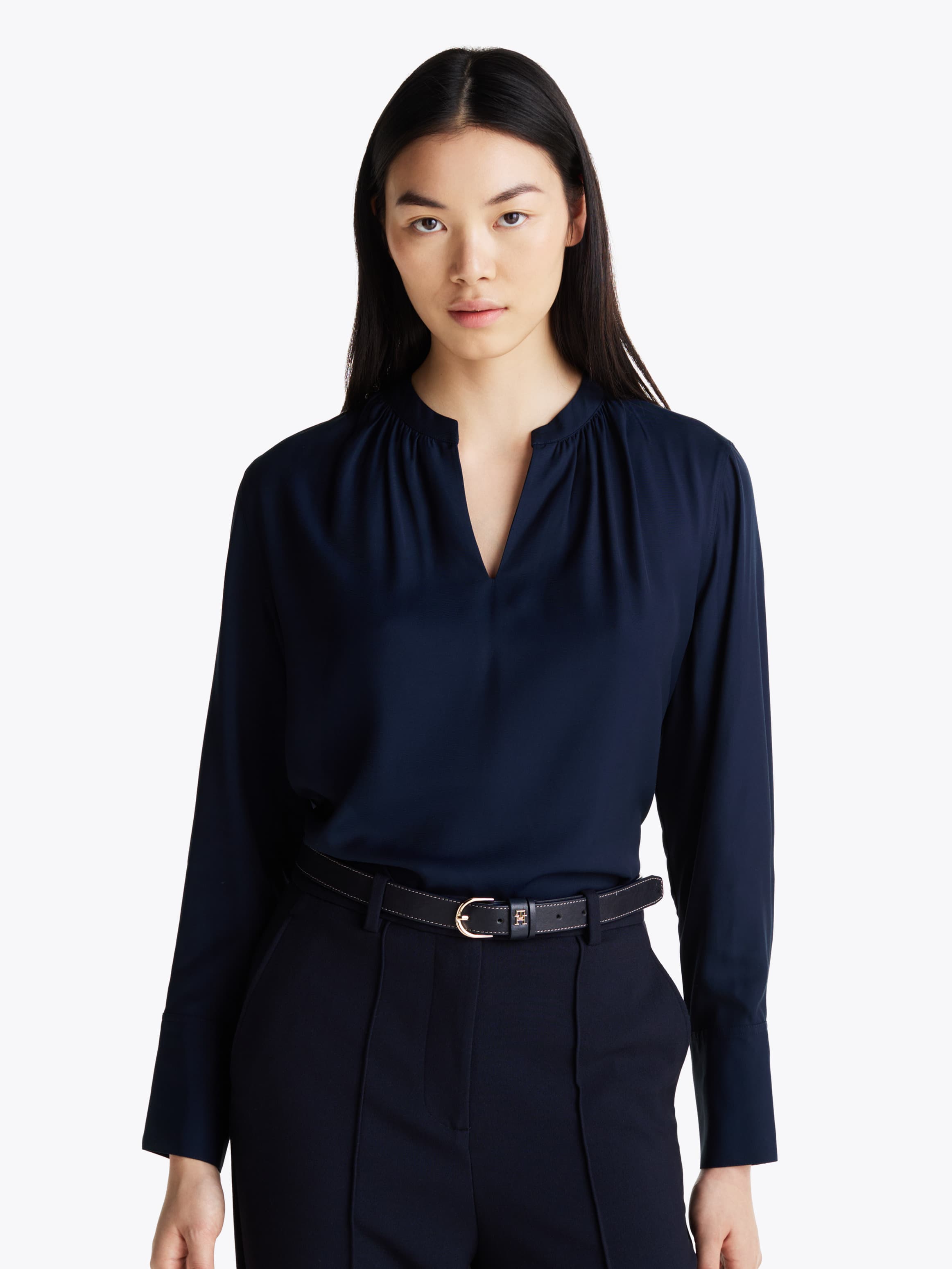 Gathered V-Neck Relaxed Blouse