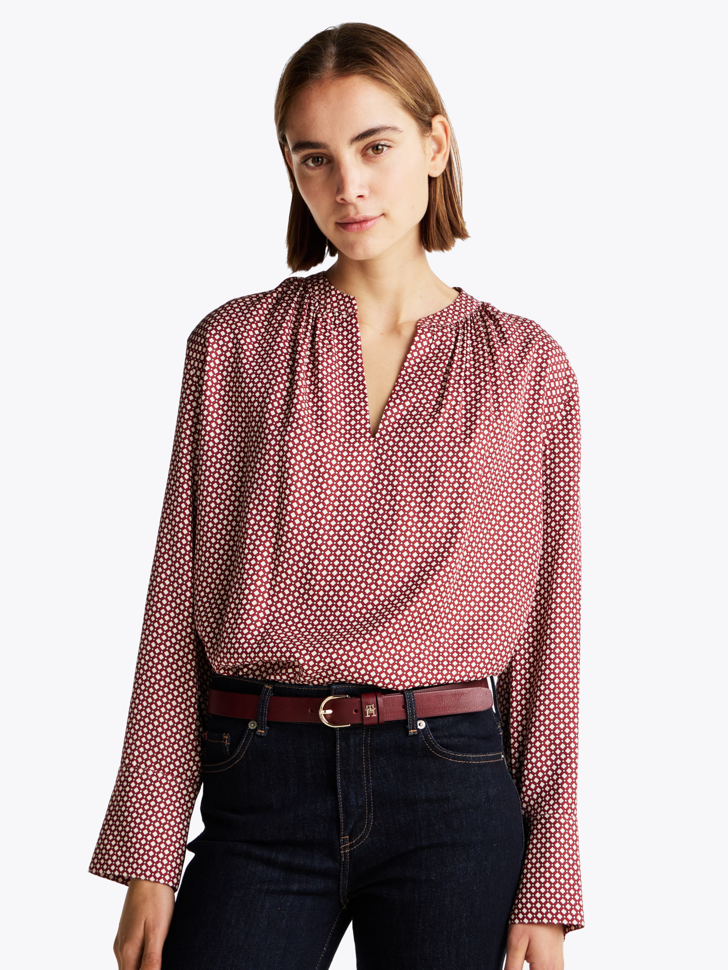 Print Gathered V-Neck Relaxed Blouse