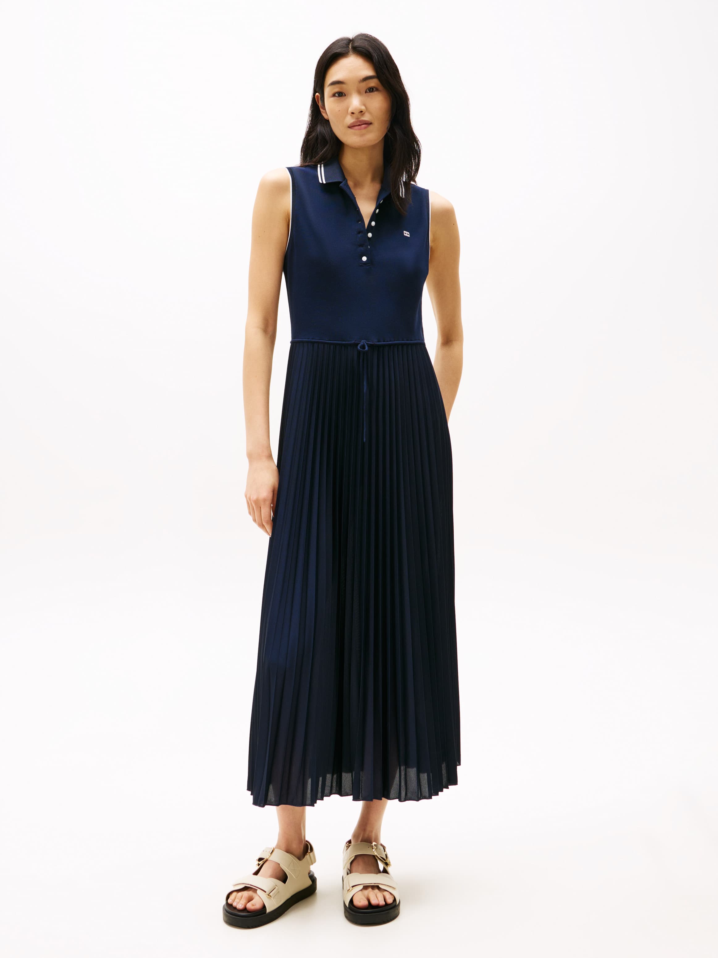 Pleated Sleeveless Maxi Polo Dress