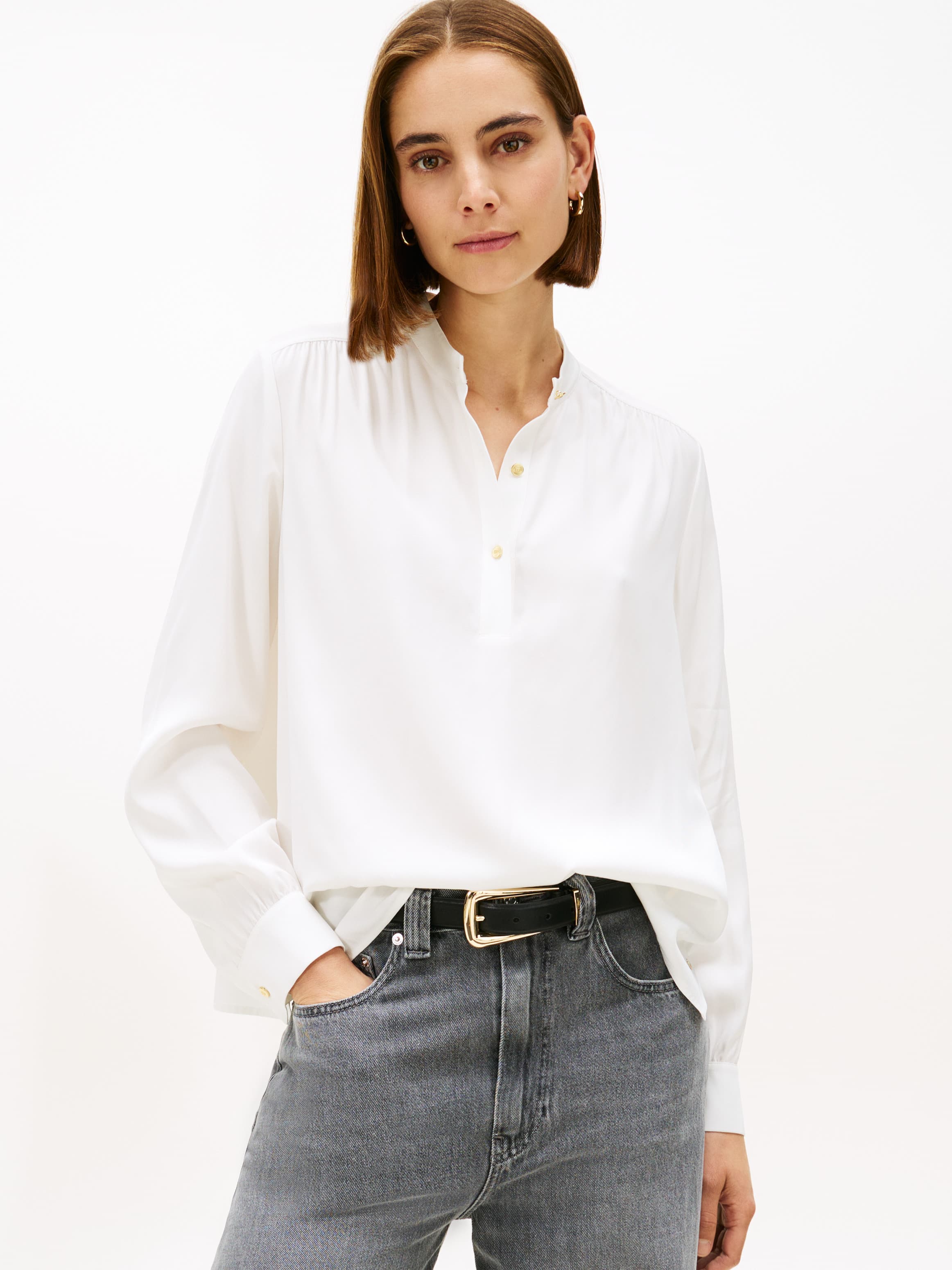 Gold-Tone Button Relaxed Twill Blouse